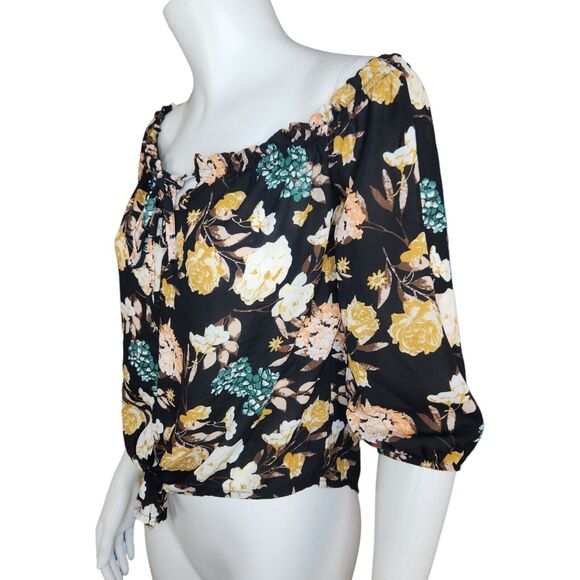 Rue 21 Women's Small Blouse Off-The Shoulder Keyhole Neckline 3/4 Sleeves Floral - Picture 2 of 13